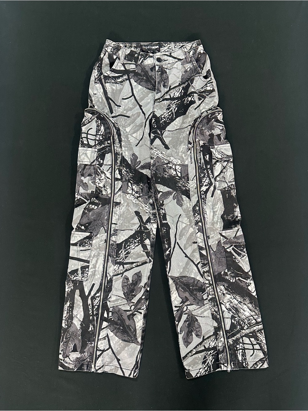 Fashion Nova Camo Zip Cargo Pants XS Y2K Utility Wide Leg